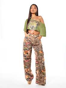 SUMWON WOMEN Oversized Off Shoulder Distressed Crop Tee With Tokyo Leopard Graphic Print And Raw Hem - Khaki - View 3