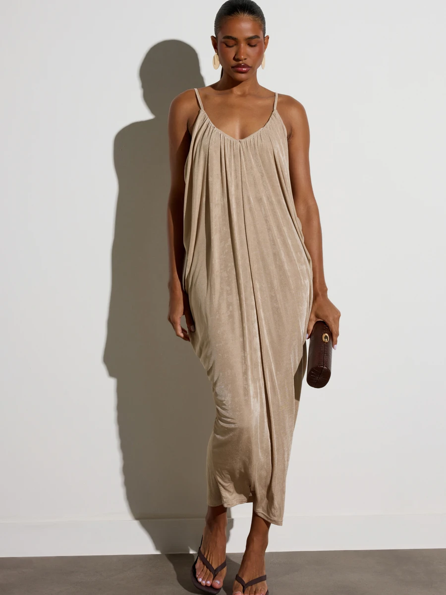 KSTM Draped Velvet Gathered Spaghetti Strap V-Neck Maxi Dress Summer Vacation Resort Evening Style - Khaki - View 1