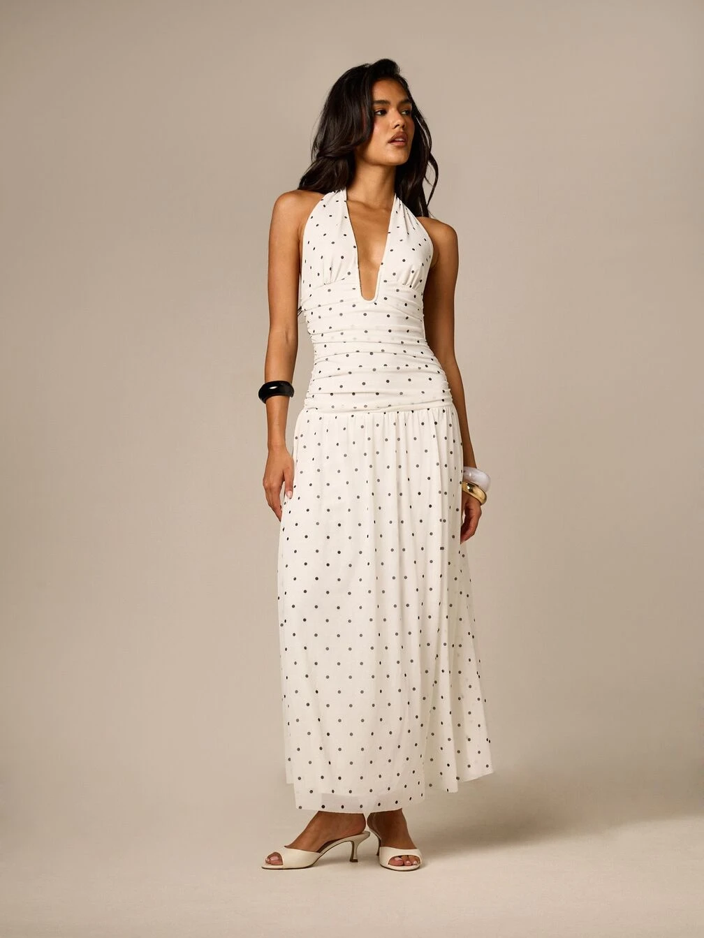 white halter polka dot maxi dress Bianca Polka Dot Maxi Dress in Black, classic Polka Dot gown, flattering draped Maxi dress, cute date night dress, women's dress, SOERA