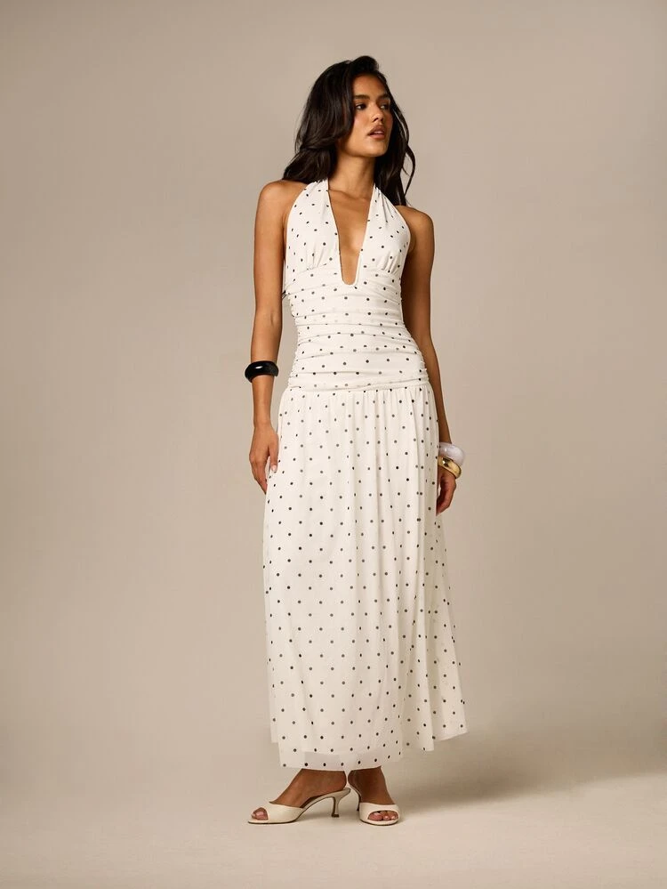 Polka Dot Halter Maxi Dress With Cinched Waist