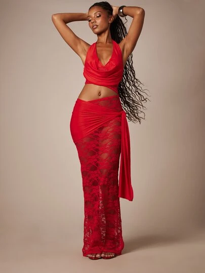 MISSGUIDED Cowl Front Halter Neck Lace Mix Maxi Dress With Wrap Tie Waist Detail Sheer Floral Lace Skirt Evening Party