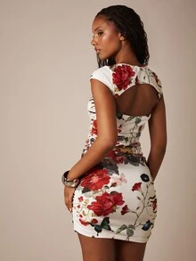 MISSGUIDED Floral Print Cut-Out Twisted Front Ruched Bodycon Mini Dress With Cap Sleeves Summer Party - Multicolor - View 5