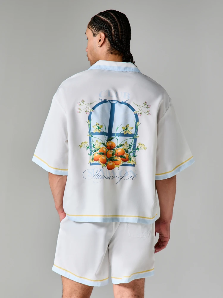 Boxy Fit Printed Resort Shirt And Relaxed Fit Shorts Co-Ord Set With Back Graphic Summer Floral Print And Contrast Trim