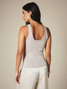 KSTM Áo tank top dệt kim Lurex cổ chữ V, lưng khoét sâu, không tay, ôm sát, chất liệu gân nổi, ánh kim loại, thích hợp cho tiệc tối. - Màu be - Xem 2