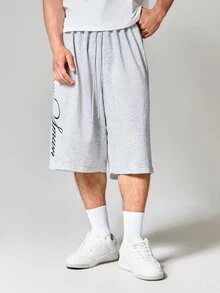 SUMWON Pantalones cortos de sudadera holgados y grandes con estampado de guión en la pierna, cintura con cordón, estilo casual de bermudas de verano - Gris - Ver 4