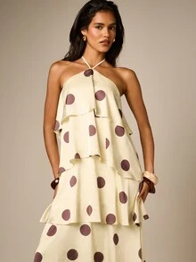 Vestido largo de verano con estilo de fiesta, con cuello halter, lunares, espalda abierta y volantes en capas - Amarillo - Ver 2