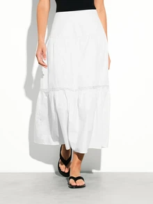 KSTM Falda maxi de corte evasé con detalles de encaje, cintura alta, estilo bohemio, longitud midi, vaporosa para el verano - Blanco - Ver 2