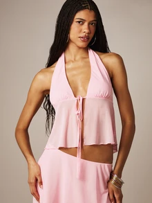 MISSGUIDED Mesh Halter Neck Tie Front Crop Top And Asymmetric Handkerchief Hem Skirt Co-Ord Set Summer Festival Two-Piece Outfit - Pink - View 2