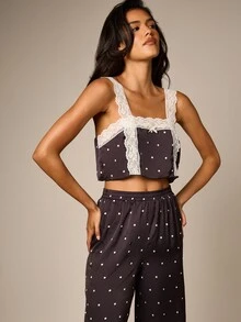 Polka Dot & Lace Trim Pajama Set For Women, AiiRZ - Multicolor - View 2