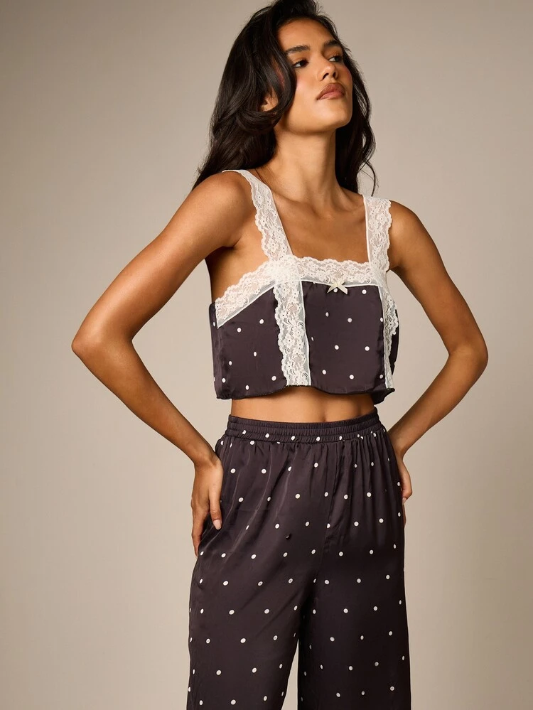 Polka Dot Satin Cami Top And Wide Leg Pants Set