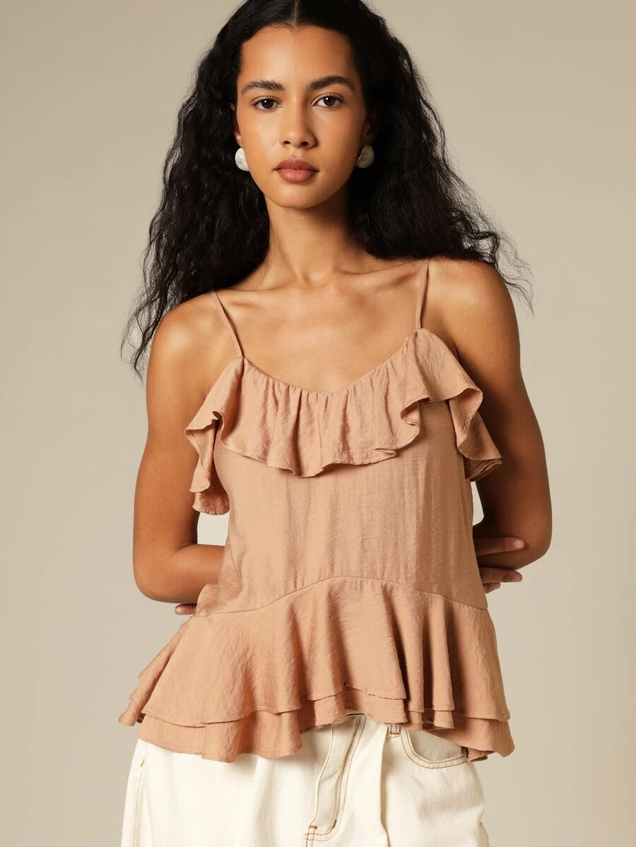 KSTM Áo hai dây peplum xếp tầng cổ tròn, vạt áo xếp tầng và dây đeo mảnh có thể điều chỉnh, sẵn sàng cho kỳ nghỉ hè. - Màu Khaki - Xem 1