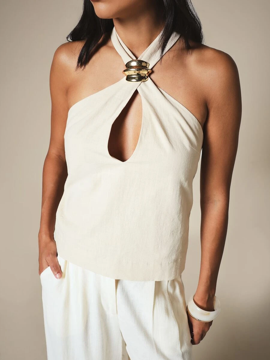KSTM Halter Neck Sleeveless Top With Beige Ring Buckle Detail And Keyhole Cut-Out Summer Party Vacation Style Elegant - Khaki - View 1
