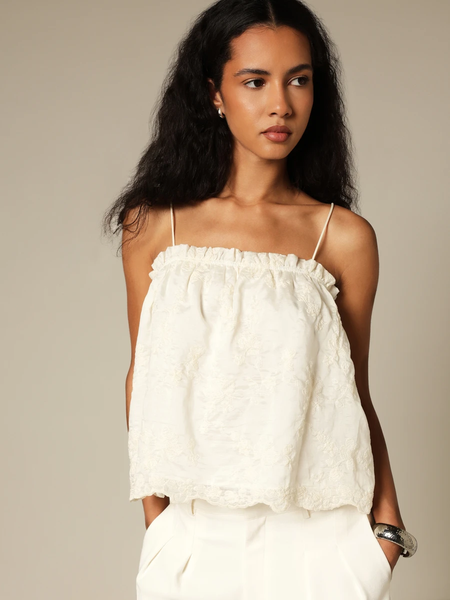 KSTM Floral Embroidered Ruffle Trim Camisole Top With Spaghetti Straps Scallop Hem Summer Elegant Occasion - Beige - View 1