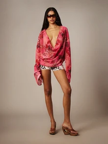 MISSGUIDED 薄纱雪纺垂领沙滩罩衫，花卉豹纹混纺印花，长喇叭袖，夏季度假 - 彩色 - 查看 3
