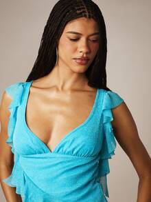 MISSGUIDED Lurex Mesh Asymmetric Ruffle Wrap Crop Top With Deep Plunge Neckline Sparkly Summer Festival Party Sleeveless Blouse - Blue - View 5