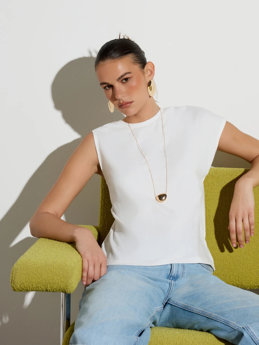 KSTM Sleeveless Muscle Tee With Extended Shoulder Detail Crew Neck Solid Summer Essential Top - White - View 1