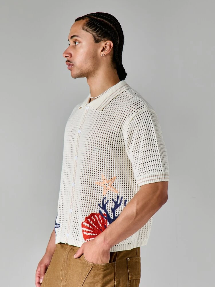 Boxy Fit Open Knit Button-Up Shirt With Ocean Seashell Embroidery Collared Summer Beach Top