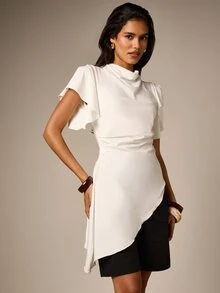 Cowl Neck Satin Longline Blouse With Ruffle Flutter Sleeves Asymmetric Hem And Side Ruching Elegant Evening Top - White - View 5