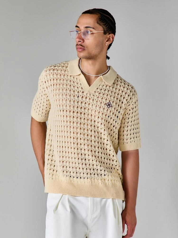 Koszulka Polo z dzianiny o kroju boxy fit, z kołnierzykiem, z krótkim rękawem, szydełkowana, na wakacje