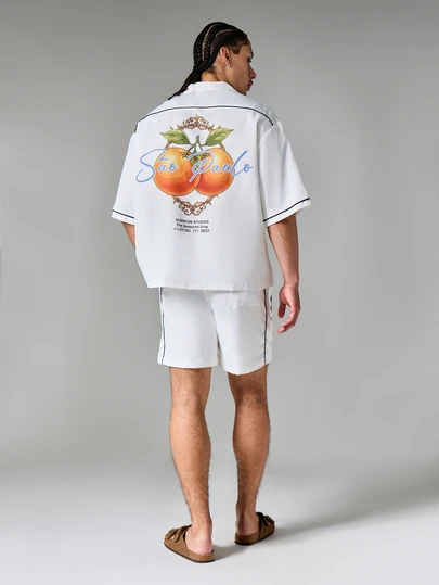 SUMWON Regular Studios Sao Paulo Co-Ord Set Short Sleeve Camp Collar Shirt And Drawstring Shorts Summer Holiday Two-Piece Matching Outfit
