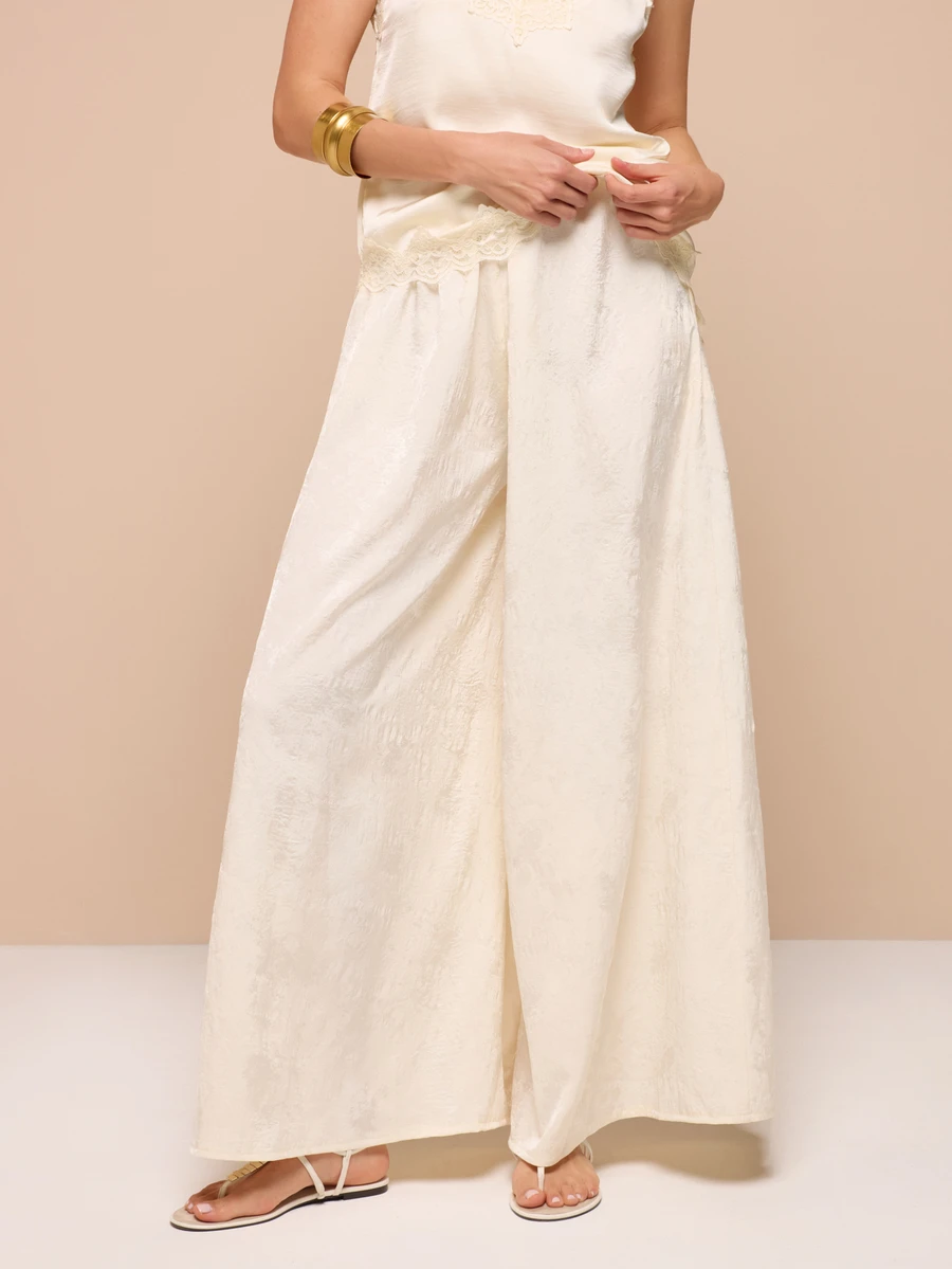 KSTM Wide Leg Palazzo Jacquard Lace Trim High Rise Full Length Casual Pants Summer Fluid Trousers - Beige - View 1