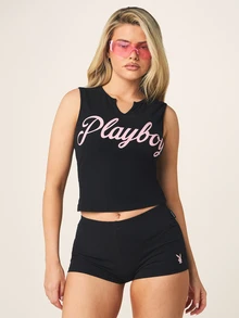 Missguided x Playboy 蕾丝字母热裤高腰修身迷你短裤，饰有兔子标志细节，适合夏季节日穿着 - 黑色 - 查看 6