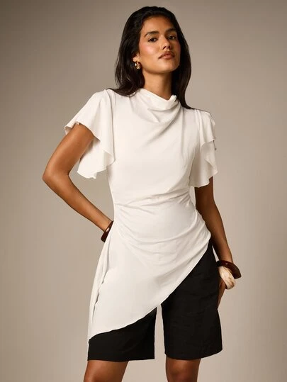 AiiRZ Women's Cowl Neck Floaty Sleeve Satin Long Line Top