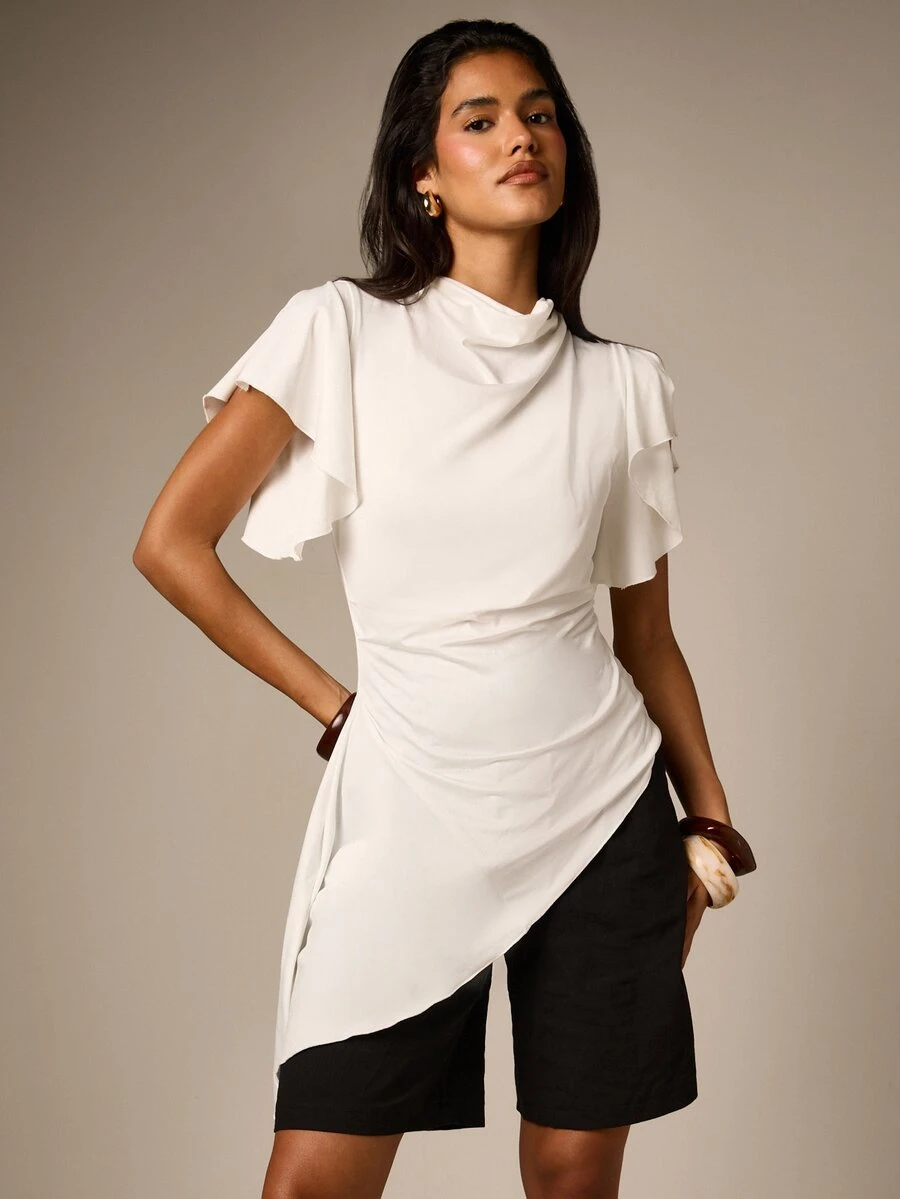 Cowl Neck Satin Longline Blouse With Ruffle Flutter Sleeves Asymmetric Hem And Side Ruching Elegant Evening Top - White - View 1