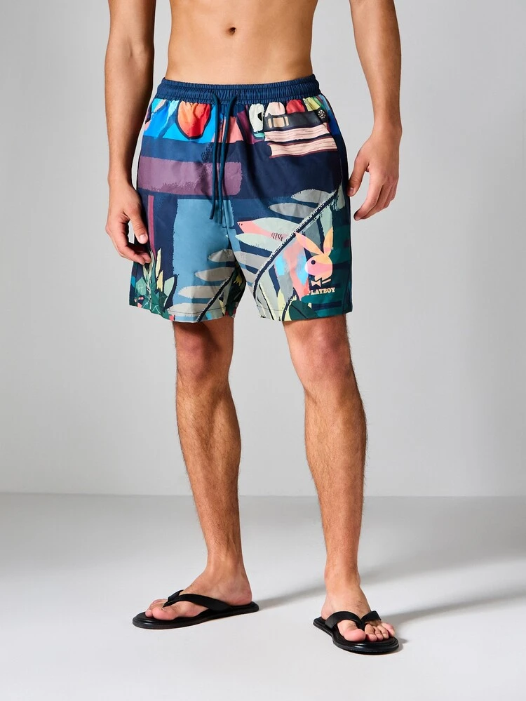 PLAYBOY X SUMWON Bunny AOP Printed Relaxed Fit Swim Shorts With Elasticated Drawstring Waist Summer Beach Holiday
