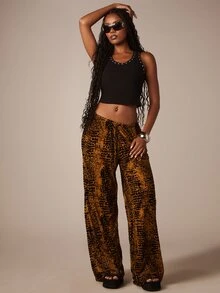 MISSGUIDED Animal Print Wide Leg Beach Pants With Drawstring Waist Low Rise Full Length Summer Vacation Trousers - Yellow - View 1