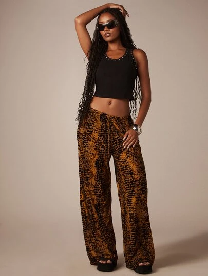 MISSGUIDED Animal Print Wide Leg Beach Pants With Drawstring Waist Low Rise Full Length Summer Vacation Trousers