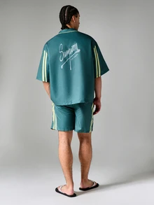 SUMWON Regular Los Angeles Short Sleeve Bowling Shirt And Shorts Co-Ord Set With Contrast Stripe Detailing - Green - View 2