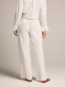KSTM Pantalones casuales de pierna ancha con dobladillo de encaje, panel lateral con ojales, cintura elástica, pantalones largos de estilo bohemio de verano - Blanco - Ver 2