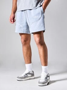 SUMWON Piping Detail Fleece Drawstring Shorts With Oval Logo Print And Side Pockets For Summer - Grey - View 1