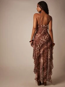 MISSGUIDED Animal Print Ruffle Tie-Front Cami Top And High-Low Maxi Skirt Shorts Co-Ord Set Summer Festival Two-Piece Outfit - Multicolor - View 5