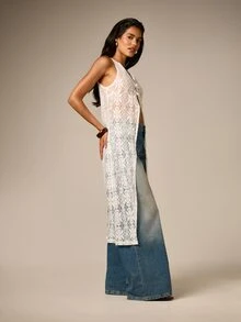 AiiRZ Sheer Lace Maxi Longline Vest Top With Pankou Button Detail V-Neck Sleeveless Open Front Summer Layer - White - View 5