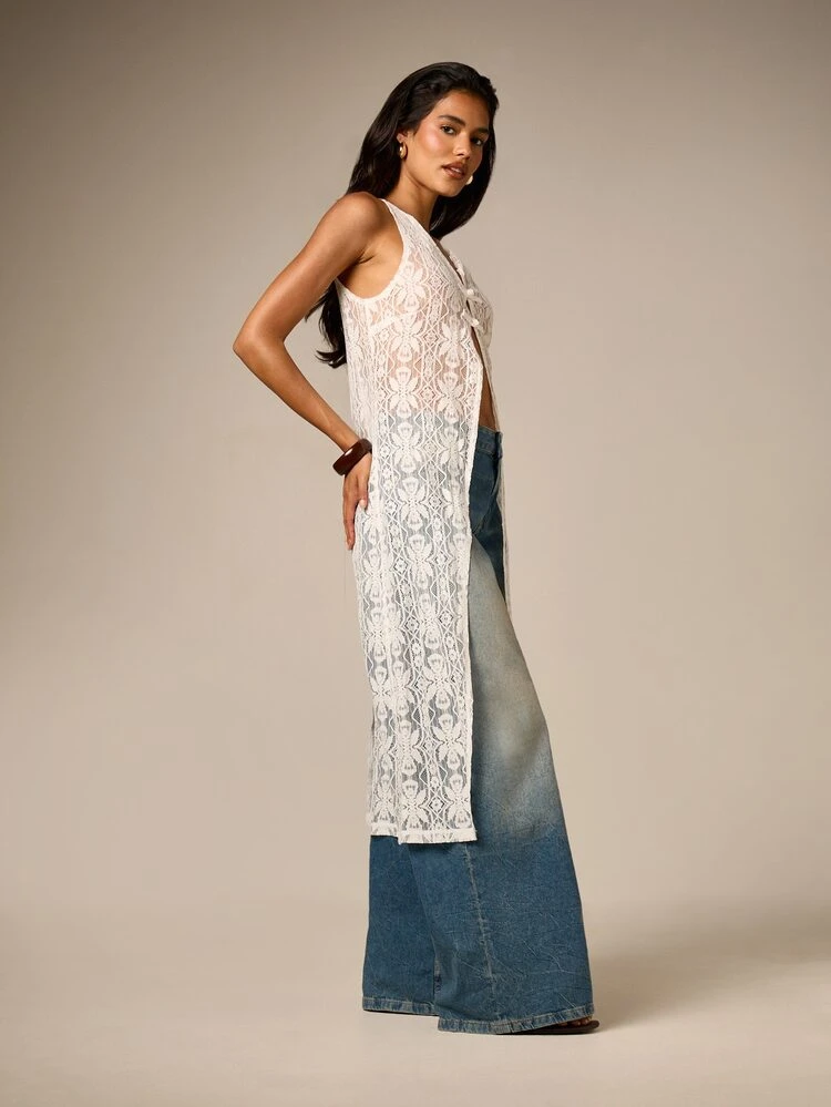 Sheer Lace Maxi Vest With Pankou Buttons