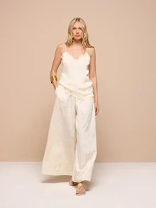 KSTM Wide Leg Palazzo Jacquard Lace Trim High Rise Full Length Casual Pants Summer Fluid Trousers - Beige - View 2