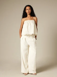 KSTM Floral Embroidered Ruffle Trim Camisole Top With Spaghetti Straps Scallop Hem Summer Elegant Occasion - Beige - View 3