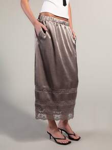 Rouah Saia Longa Elegante Feminina com Cintura Elástica e Recortes de Renda - Perfeita para o Verão, Saia de Verão, Saia de Férias, Saia de Renda, Saia de Festa - Verde Militar - Visão 1
