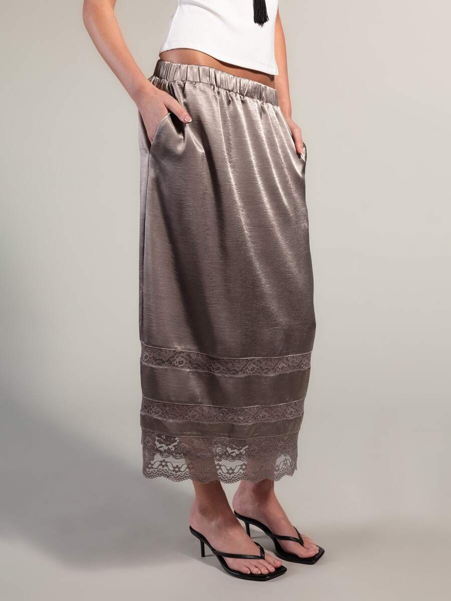 Rouah Saia Longa Elegante Feminina com Cintura Elástica e Recortes de Renda - Perfeita para o Verão, Saia de Verão, Saia de Férias, Saia de Renda, Saia de Festa - Verde Militar - Visão 1