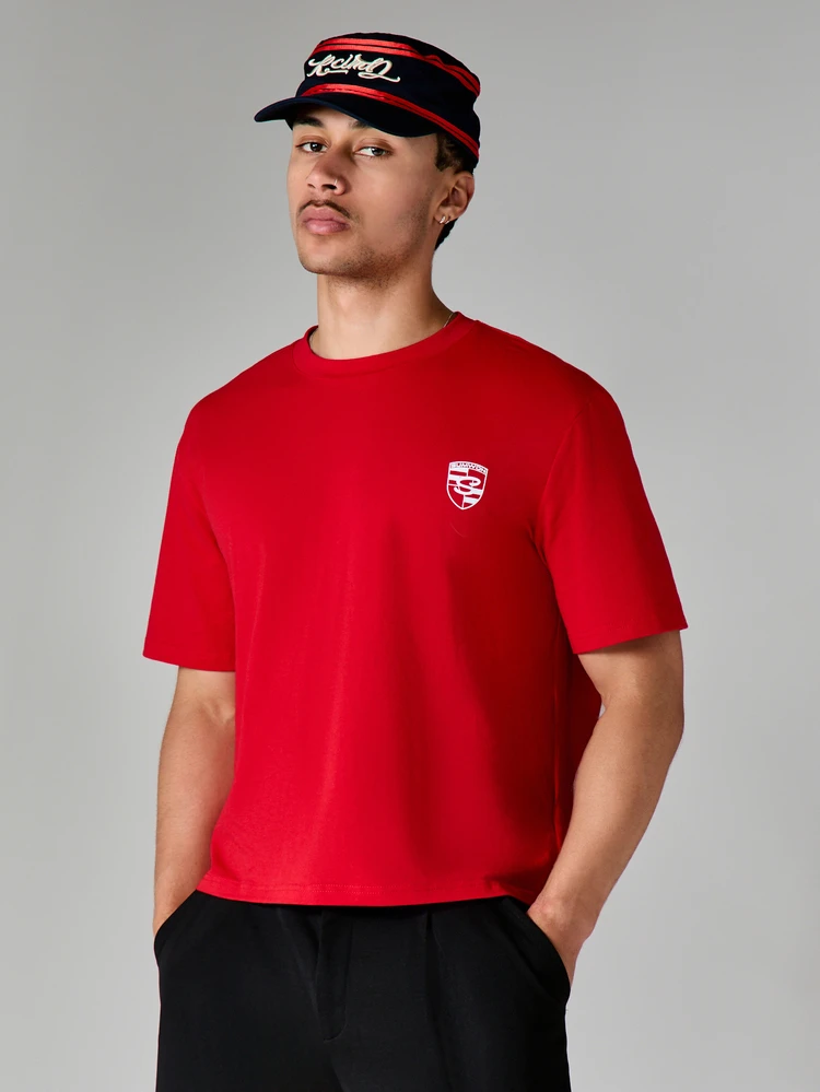 Boxy Fit Crew Neck Short Sleeve Red T-Shirt With Chest Logo And Back Brand Text Print