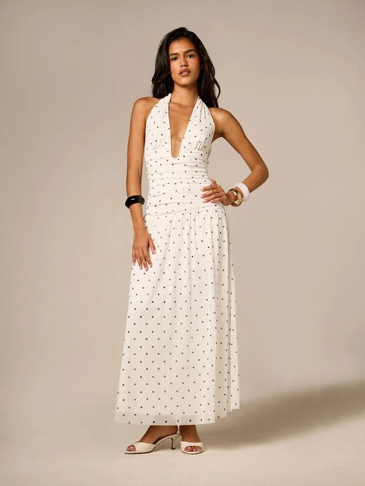 Polka Dot Halter Maxi Dress With Cinched Waist
