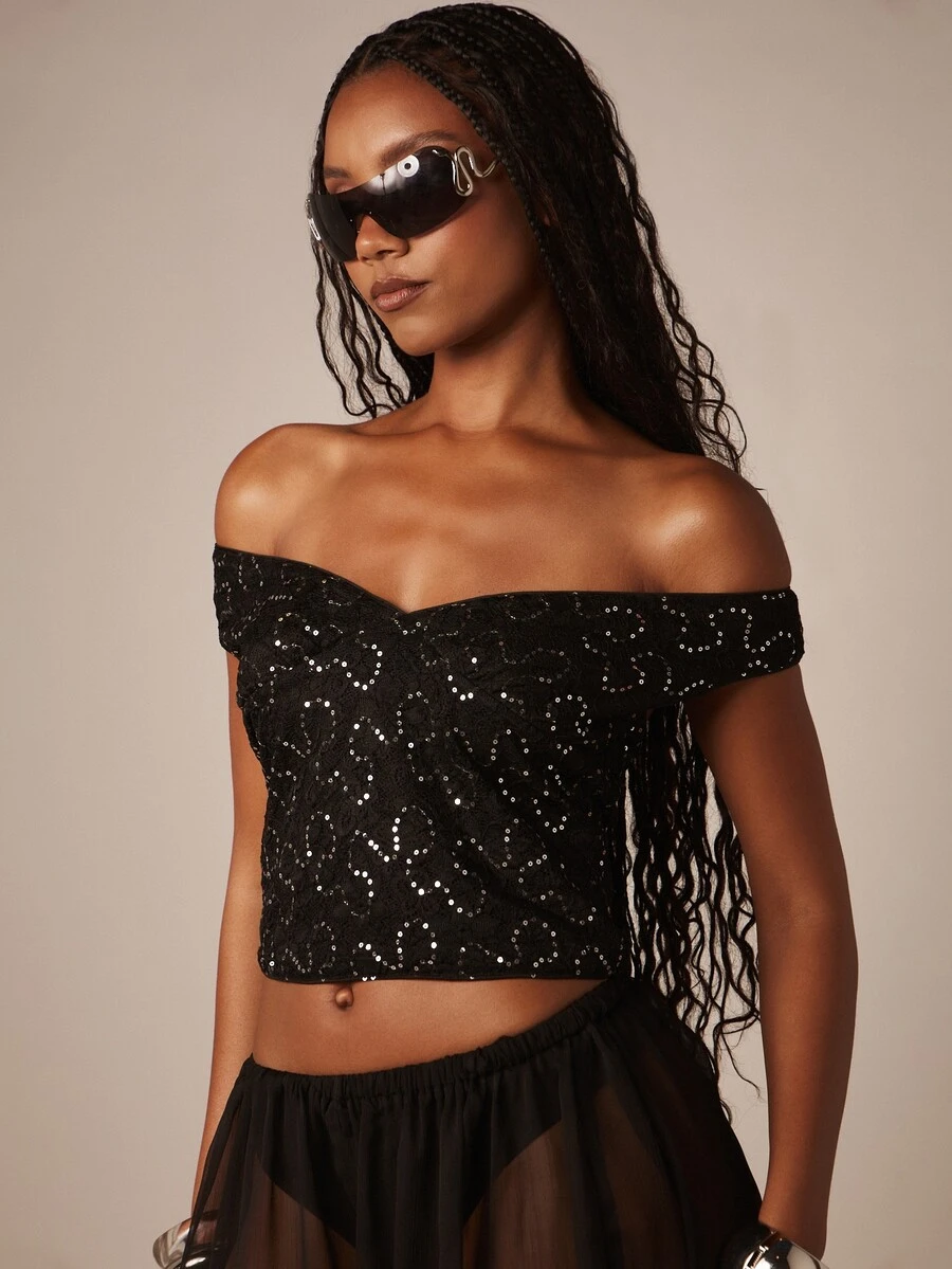 MISSGUIDED 露肩亮片蕾丝短款上衣，心形领口，适合派对、夜生活和节日季穿着 - 黑色 - 查看 1