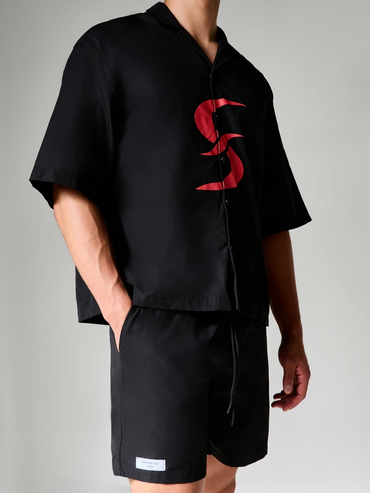 Regular Fit Short Sleeve Camp Collar Co-Ord Set With Bold Logo Front Print And Drawstring Shorts Summer Casual