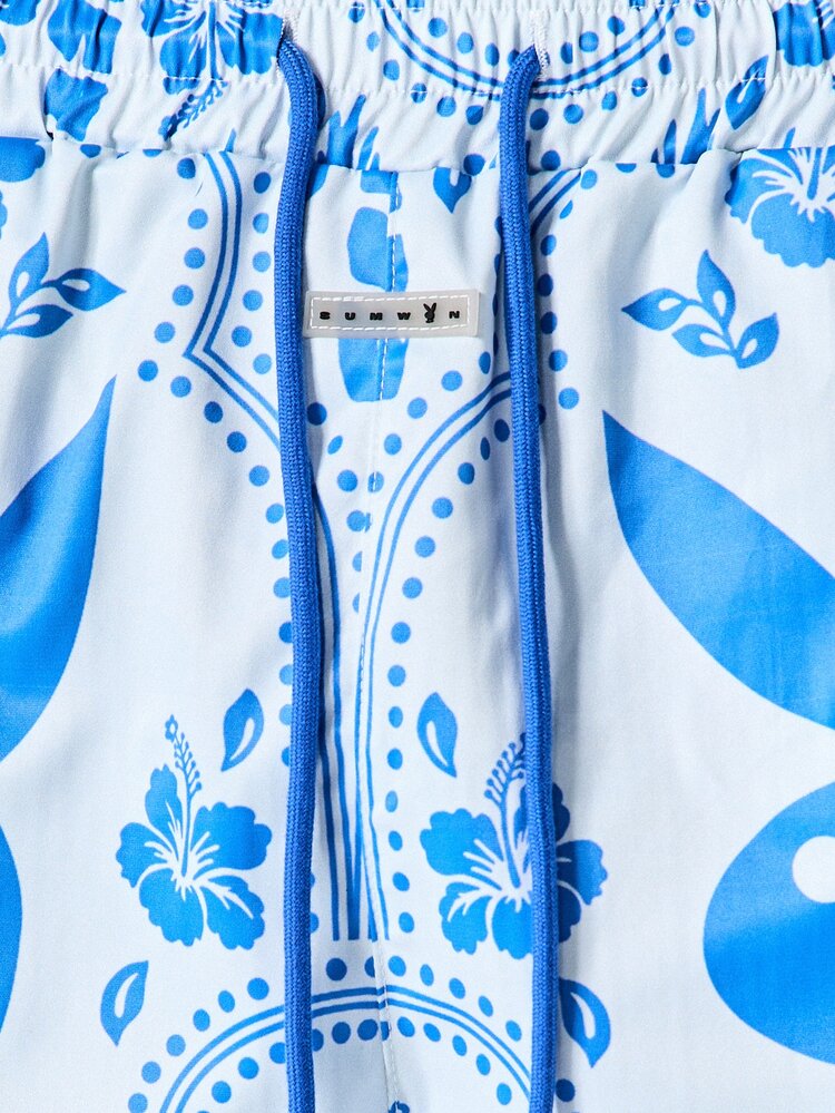 PLAYBOY X SUMWON Bunny Tides Graphic Swim Trunks With Tropical Floral AOP Print Elastic Waist Drawstring Summer Beach Holiday Shorts
