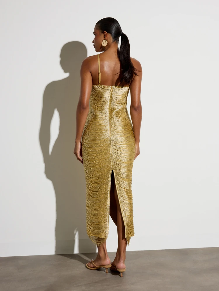 KSTM One-Shoulder Metallic Gold Fringe Midi Dress Bodycon Asymmetric Evening Party Glamour Holiday Gown