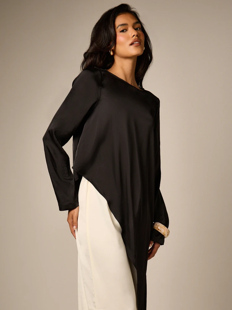 Asymmetric Waterfall Hem Satin Blouse With Long Sleeves