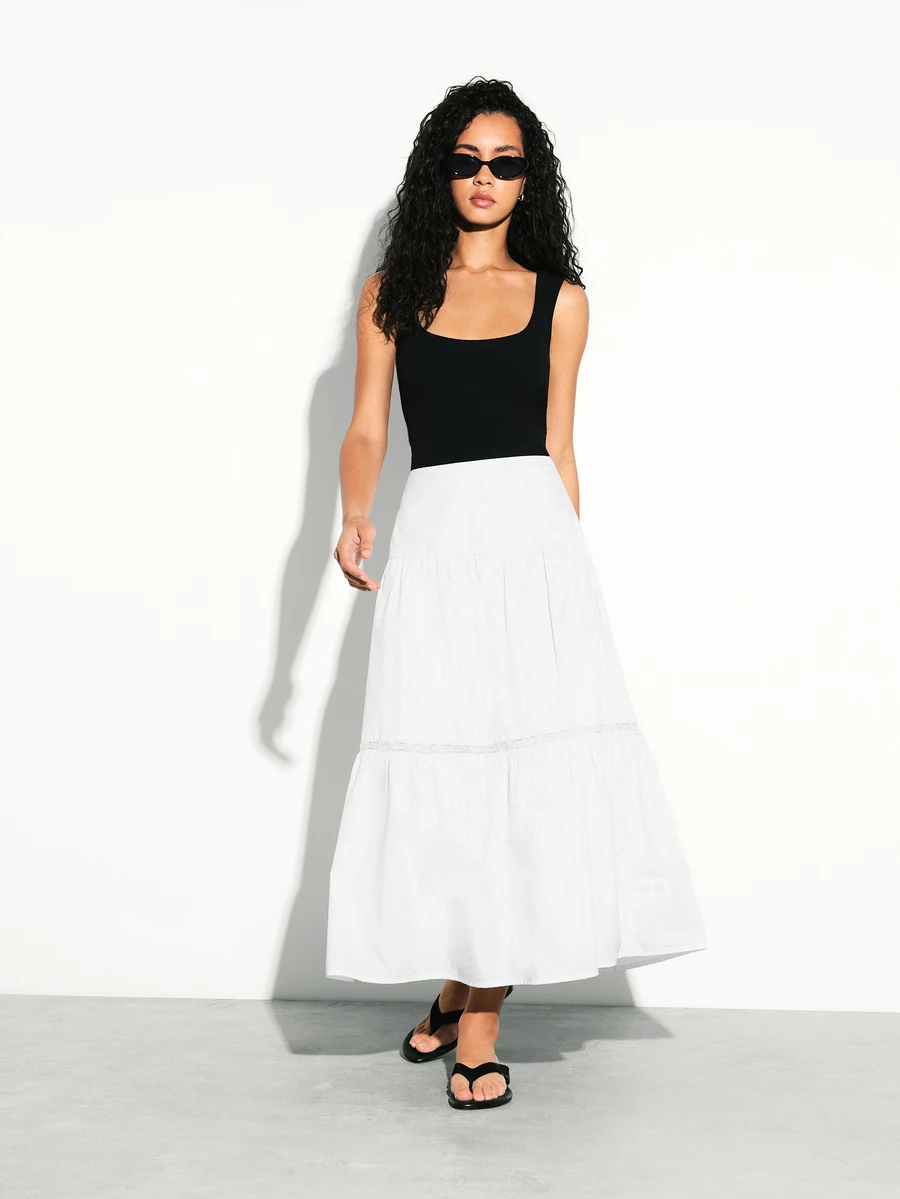 KSTM Falda maxi de corte evasé con detalles de encaje, cintura alta, estilo bohemio, longitud midi, vaporosa para el verano - Blanco - Ver 1