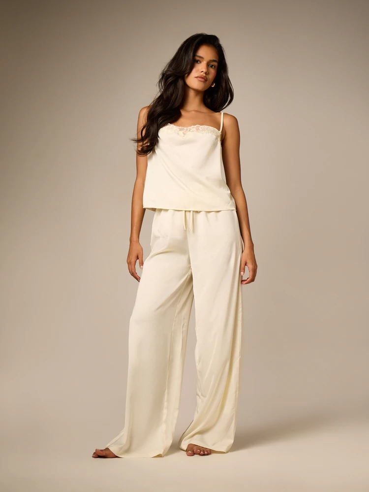 Lace Trim Satin Cami And Wide Leg Trouser Pyjama Set